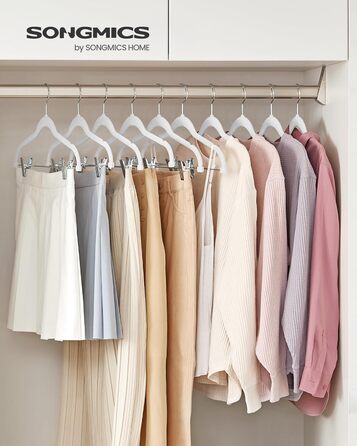 SONGMICS Velvet Clothes Hangers, 20-Piece Set, Pant Hangers, 42.5 cm Long, with Adjustable Clips, Non-Slip, Space-Saving, for Pants, Coats, Dresses, White CRF012W20