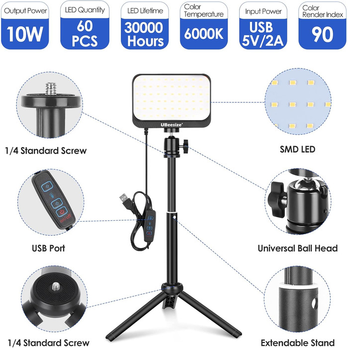 LED відеосвітло UBeesize 2 шт. з регульованою яскравістю, штативом та фільтрами для відеоконференцій, стрімінгу та YouTube