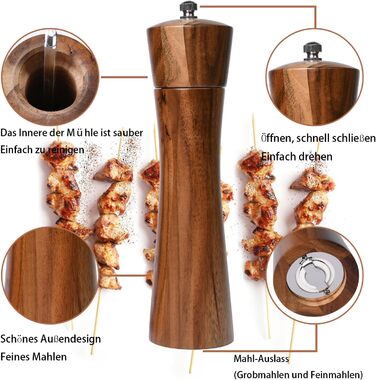 Set of 2 pepper mills made of good wood, salt and pepper mill set, 21 cm length, allows adjustment of the pepper grind, spice grinder with stainless steel core.