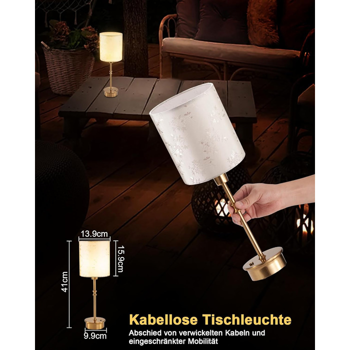 OCEST Настільна лампа на акумуляторі, сенсорне керування, регульована яскравість, для дому, кухні, тераси, їдальні (античне латунь-льон), плафон з шовку 41,5 см