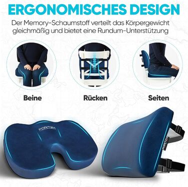 FORTEM XL Подушка для сидіння та попереку для офісного крісла, м'яке сидіння, подушка для спини з Memory Foam, підтримка попереку для авто, антиковзаюча подушка для сидіння та спини для геймінгу, автокрісла, стільця. Великий розмір (Синій велюр, Extra Gro