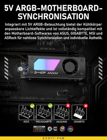 Охолоджувач SSD M.2 EZDIY-FAB Shield ARGB з вентилятором 20mm PWM, алюмінієвий корпус, підтримка ARGB 5V 3-Pin, чорний, 1 шт.