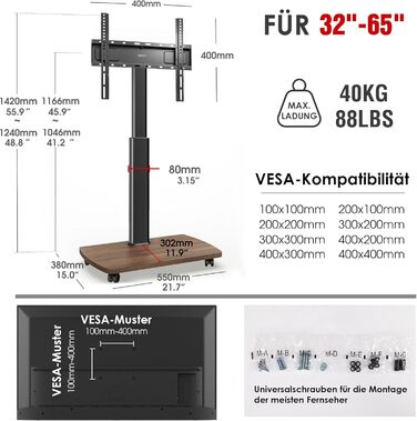 Підставка для телевізора на колесах з полицею, чорна та вінтажна, для телевізорів 32-65 дюймів, до 40 кг, VESA 400x400 мм