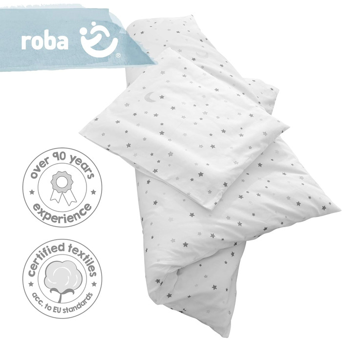 Комплект постільної білизни для дитячого ліжечка Roba 100 x 135 см - комплект для дівчаток та хлопчиків - ковдра та наволочка з бавовни для малюків та дітей - зірковий принт - білий (Сірий Зоряний Чарівник, 80x80 / 40x35 см)