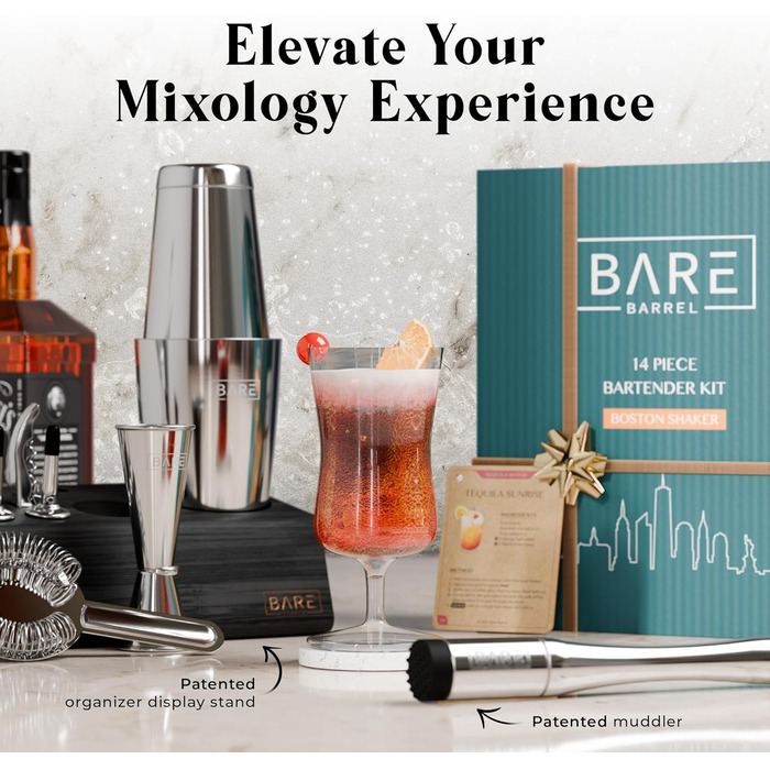 Bare Barrel Pro Cocktail Set - 14-Piece Boston Shaker Bar Set with Stand & Recipe Cards - Jet Black & Silver