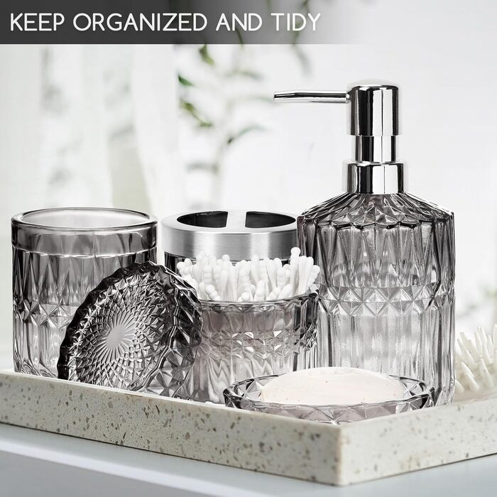 Набір аксесуарів для ванної кімнати 5 предметів: дозатор для мила та лосьйону, склянка для зубних щіток, стаканчик, мильниця, органайзер (чорний/прозорий) - сучасний декор для ванної, кухні, туалетного столика