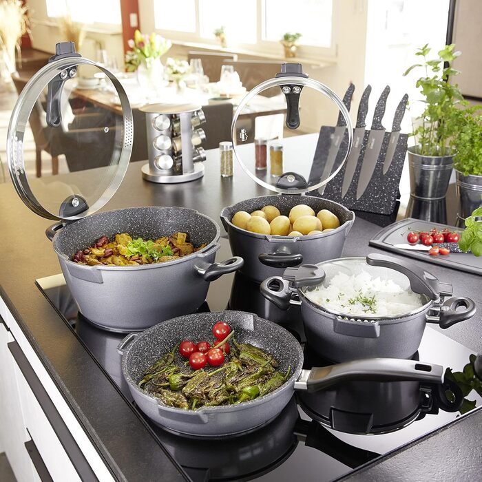 STONELINE Future Induction, 8-piece cookware set with sieve lids, cooking pot set coated with real stone particles, cast aluminum pots and pans suitable for all cooktops
