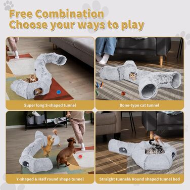 Odoland Cat Tunnel - Large Cats, Foldable Cat Tunnel with Play Ball Cat Bed, Multifunctional Crinkle Tunnel Cat Cave Interactive Toy for Indoor Kittens