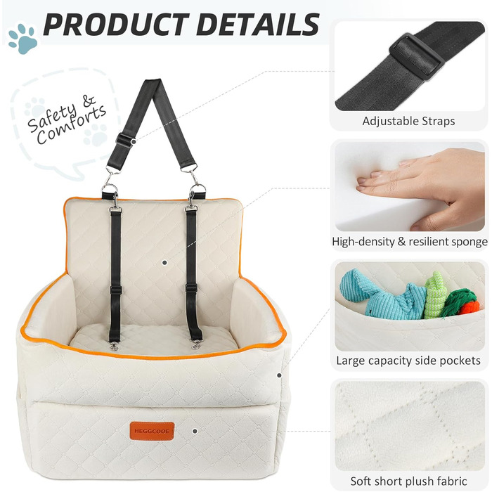 Washable Dog Car Seat for Small to Medium Dogs with Leash & Storage Pockets - Elevated Dog Bed for Back or Front Seat