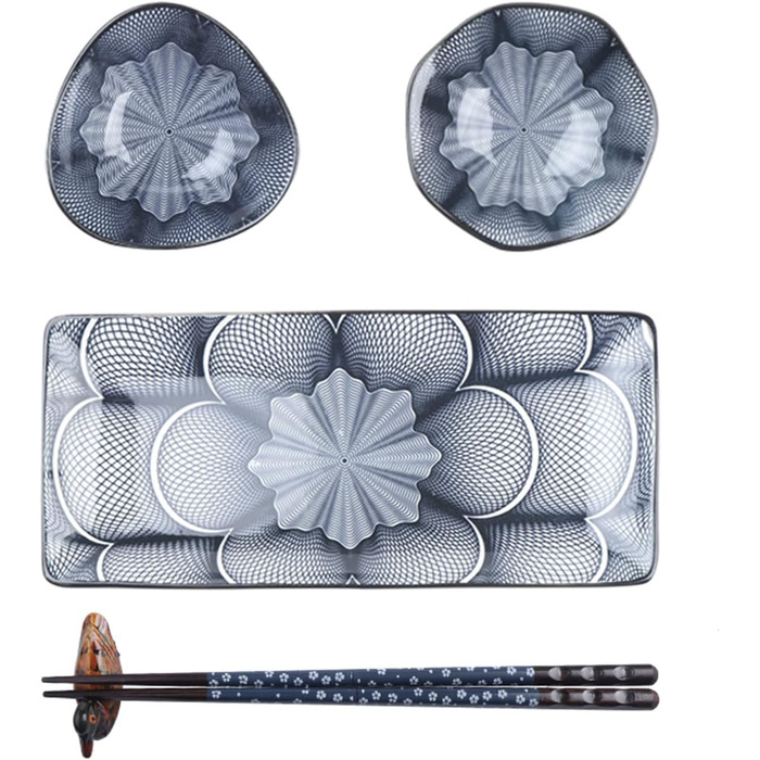 Набір для суші Artcome (10 шт) з кераміки в японському стилі - 2 тарілки, 2 соусники, 2 миски для закусок, 2 пари паличок, 2 підставки, темно-синій