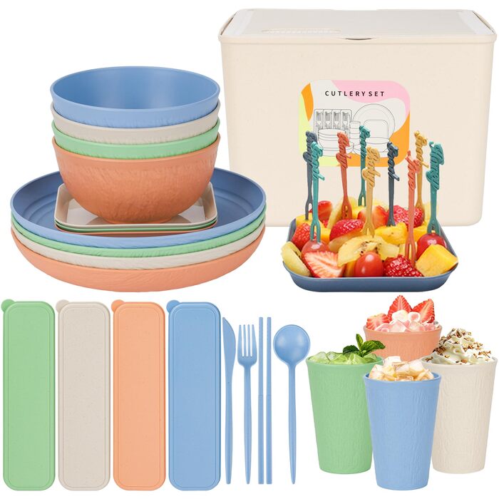 Набір посуду 48 шт. незламний, багаторазовий для кемпінгу/пікніка, пластиковий, кольоровий (49 шт.)