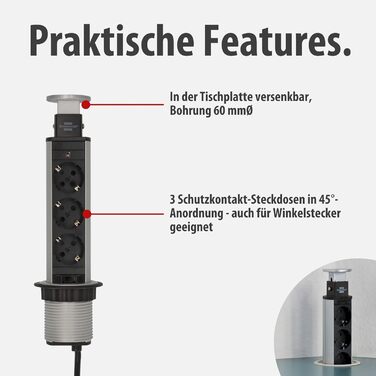 Вбудований подовжувач Brennenstuhl Tower Power на 3 розетки, 2м, вмонтовувана настільна розетка, алюміній/чорний