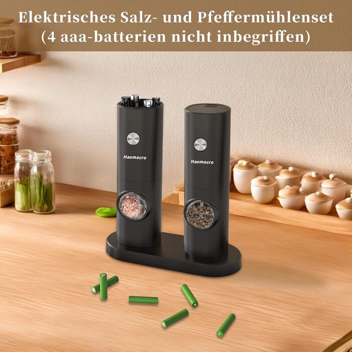 Haomacro Electric Salt and Pepper Grinder Set, Battery Operated, Electric Pepper Grinder Automatic Spice Grinder Salt Shaker with Base, LED Light, Adjustable in 5 Levels