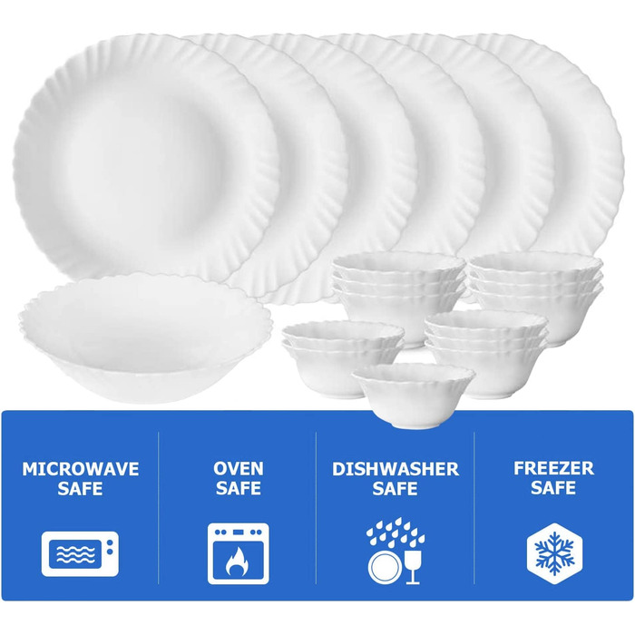 Набір посуду Larah, 35 предметів: тарілки, миски, кришки, ложки, сервіз на 6 осіб, опал, міцний, легкий, для мікрохвильової печі та посудомийної машини, білий з зеленими квітами