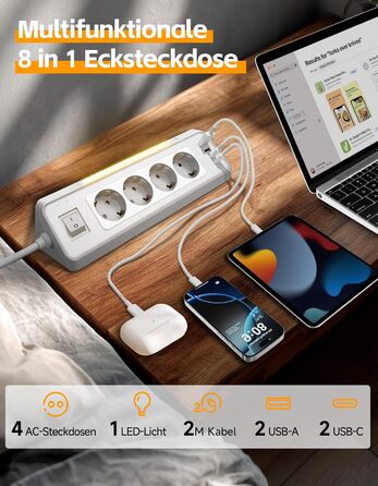 Кутова розетка для кухні Ecksteckdose, 4-портова з 2 USB та 2 Type-C, 3680W/16A з LED, захистом від перенапруги, економна для дому, офісу, кухні, настінний монтаж, кабель 2м білий, 4-портова