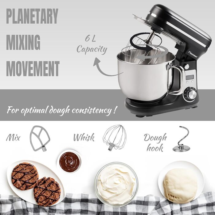 Кухонна машина Bestron Super Silent (65db) з DC-двигуном, 6 літрів, з набором насадок (крюк, вінчик, гак для тіста), 6 швидкостей + Pulse, матова чорна