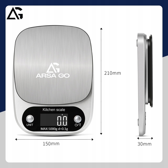 Кухонні ваги ARSA GO сріблясті, прецизійні, 5 кг, точність 0,1 г, з LCD-дисплеєм