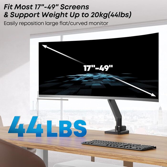 Кріплення для монітора - підставка для 1 монітора, 17-49 дюймів, плоский/вигнутий екран, чорний, газ-амортизатор, регулювання висоти, VESA 75x75/100x100, 2-20 кг
