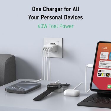 Зарядний пристрій USB-C 40W 4-портовий Cshare з PD 3.0, білий. Сумісний з iPhone, iPad, Samsung Galaxy, Android та іншими пристроями.
