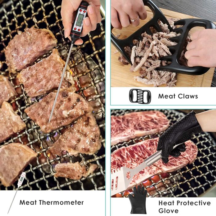 BBQ Grill Utensil Set 32PCS Stainless Steel Grill Accessories with Long Handles, Grill Tongs, Meat Claws, Grill Set Aluminum Grill Case for Camping Ideal Grill Utensil Gift for Men