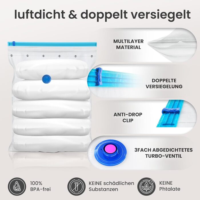 Vacuum Bags for Clothes - 20 Piece Set, 3 Sizes - Vacuum Bags for Vacuum Cleaners, Reusable, 100% Airtight & Robust | Travel Compression Bags, Garment Bags, Storage Bags, Vacuum Pouches, Clothes Sack XL