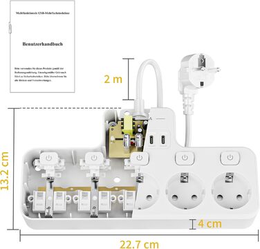 Багатофункціональна мережа розгалужувач з USB та вимикачем, 5 розеток, 2м кабель, кутова розетка, чорний колір, для кухні, з індивідуальним вимикачем, для столу, настінний монтаж