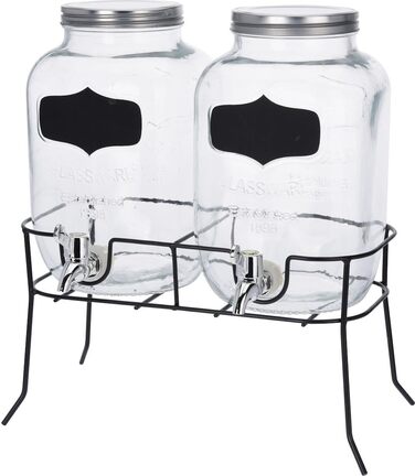 Beverage Dispenser Set - 2 x 4L Glass Jars with Tap and Stand - Juice Dispenser Water Dispenser