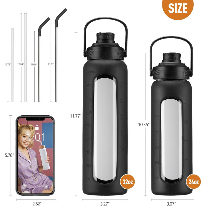 BLUEGO Glass Water Bottle 900ml Sport Water Bottle with 2 Lids and Straw Leak-Proof Glass Bottle with Time Marker and Measuring Scale BPA Free, Black