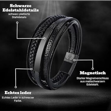 Чоловічий шкіряний браслет Lederarmband Schwarz з магнітним застібкою, регульований (19.5-23 см)