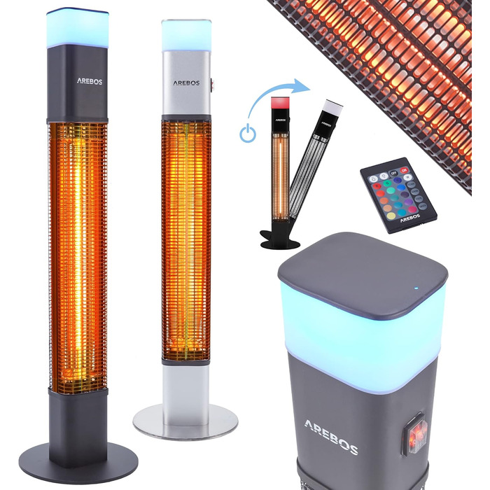 Електричний інфрачервоний обігрівач Arebos 1500W з LED-підсвічуванням та пультом керування | Обігрівач для тераси, вуличний, чорний