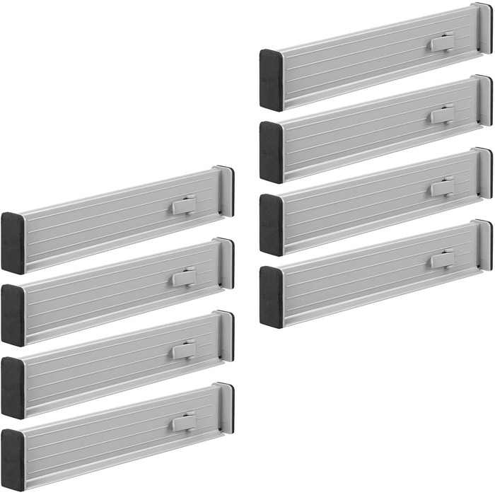 mDesign Adjustable Drawer Organizer – Practical Drawer Dividers for Cabinets and Dressers – Flexible Plastic Compartmentalizer – 8-Piece Set – Grey and Black