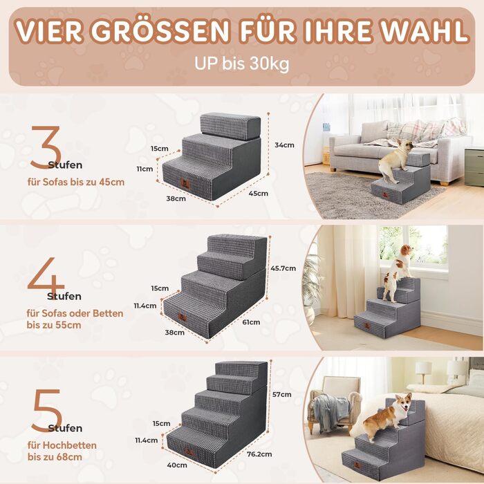 Sytopia dog stairs 40 cm high, 3 steps, dog stairs for bed sofa for small dogs, pet stairs washable, foam stairs, for injured older dogs (34cm height, Grey)