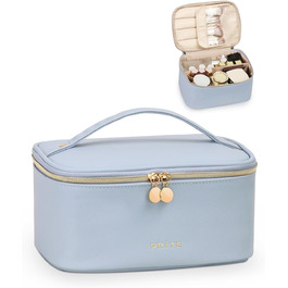 Велика косметичка для жінок, дорожня косметичка з водонепроникної шкіри, косметичний мішечок або сумочка для макіяжу з ручкою та знімним роздільником (Блакитна)