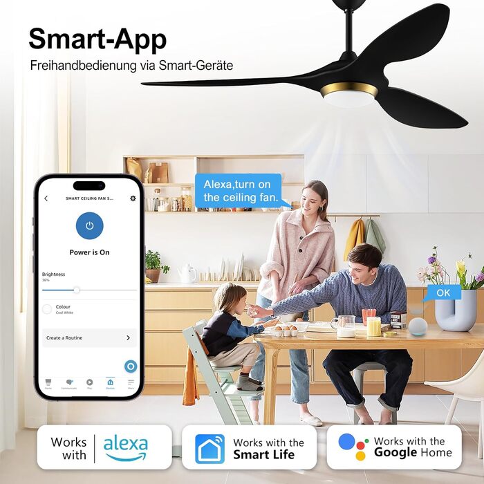 Стеляний вентилятор Reiga з підсвічуванням та пультом керування, 132 см, тихий реверсивний двигун, 6 швидкостей, таймер, регулювання яскравості та 3 колірні температури, коричневі лопаті (чорно-золотий колір)