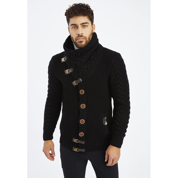 Чоловічий светр Leif Nelson з коміром-шарфом, Slim Fit, зимовий, повсякденний, великий в'язаний, чорний худі-светр LN7080 Cael (S, Чорний)