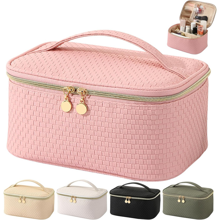 Жіноча косметичка для подорожей, водонепроникна, з відділенням для пензлів, з PU шкіри, велика, органайзер, сумка для макіяжу (Хвилястий зелений) (Світло-рожевий)