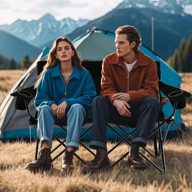 Крісло для кемпінгу на 2 особи Costway, розкладне з підстаканниками та підлокітниками, 300 кг, з сумкою для перенесення, для відпочинку, пікніків та риболовлі (чорний)