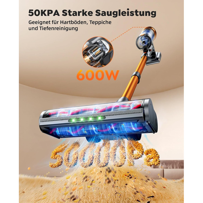 Бездротовий акумуляторний пилосос SMOTURE 50000 Па, 65 хв роботи, для дому, легкий, з гнучким шлангом, антизаплутана щітка, знімний акумулятор, для шерсті тварин, килимів, твердих підлог та авто