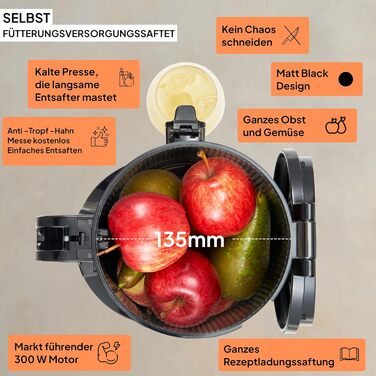 Powerful self-feeding whole fruit masticating juicer, 135 mm feeding chute, 250 W, cold-pressed juice, nut milk, masticating juicer Fridja F2500
