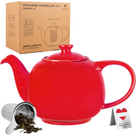 Teapot with infuser, Swansea Sea Green 1.1 L with filter, made of porcelain by URBAN LIFESTYLE, a drip-free teapot. Teapot with infuser, porcelain (Red)