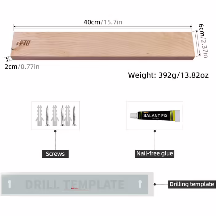 FINDKING Wooden Magnetic Knife Strip, Magnetic Utensil Holder for Wall, Refrigerator, Wooden Shelf for Kitchen Knives, No Drilling Required (Beige, 16 Inch, Without Knife)