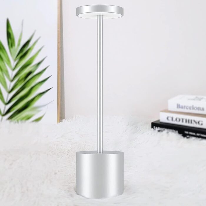 LED акумуляторна настільна лампа бездротова, 5000mAh, USB-зарядка, регулювання яскравості, 3 режими кольору, для дому та відпочинку на свіжому повітрі – срібна