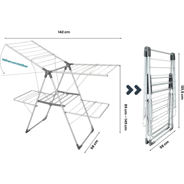 Розкладна сушарка для білизни Allyson, двоярусна, регульована по висоті, складна, вологостійка, з нержавіючої сталі, 20 метрів сушильної поверхні для дому та вулиці
