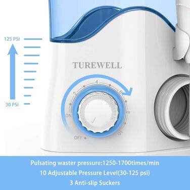 Електрична зубна іригатор TUREWELL, професійна модель з 10 рівнями тиску води, об'ємом 600 мл та 8 насадок, білий