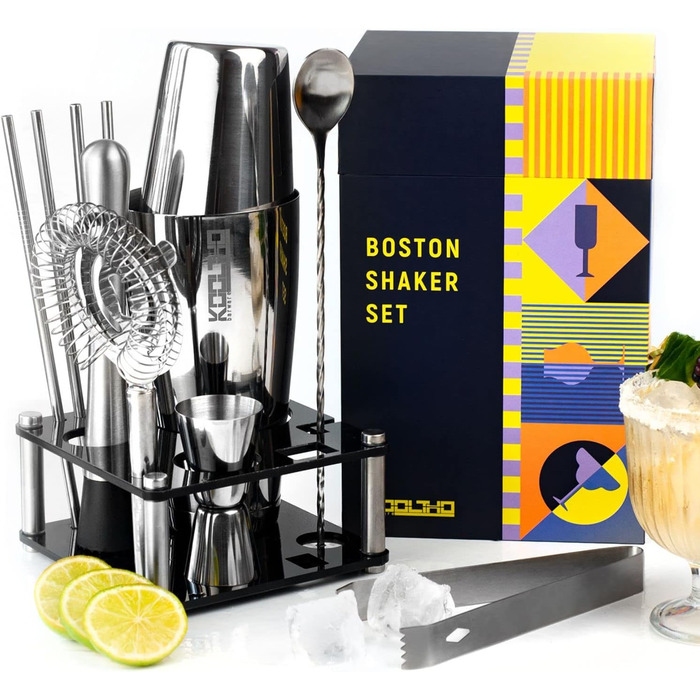 Професійний набір для коктейлів Boston Shaker з підставкою, нержавіюча сталь, подарунок для бармена, оригінальні подарунки для чоловіків і жінок