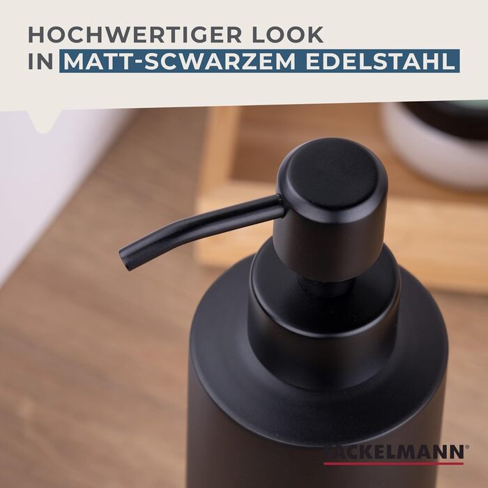 FACKELMANN Soap Dispenser & Toothbrush Holder Tecno, liquid soap dispenser made of high-quality stainless steel, holder for 4 toothbrushes, high-quality toothbrush holder (Color: Matte Silver), Quantity: 1 x 2-piece set (Dispenser Black)