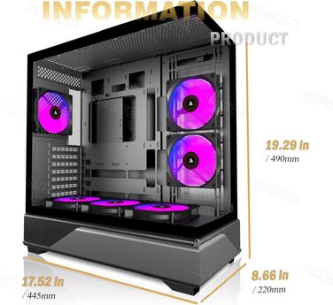 Ігровий корпус для ПК ANSAITE ATX Mid-Tower, 6 ARGB PWM вентиляторів, панорамне загартоване скло, USB Type-C, підтримка радіатора 360мм, чорний/фіолетовий