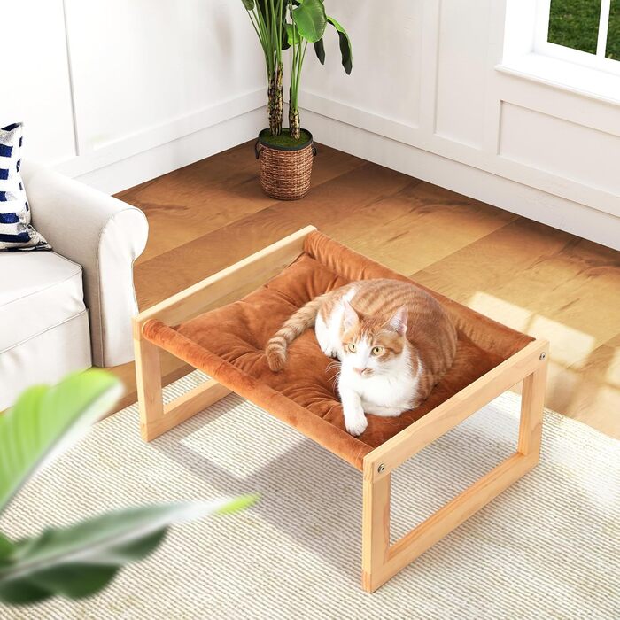 Cat bed and dog bed, elevated, large, and breathable, made of high-quality birch plywood, 53W x 42L x 25H cm - ideal for cats and small dogs (Brown color)