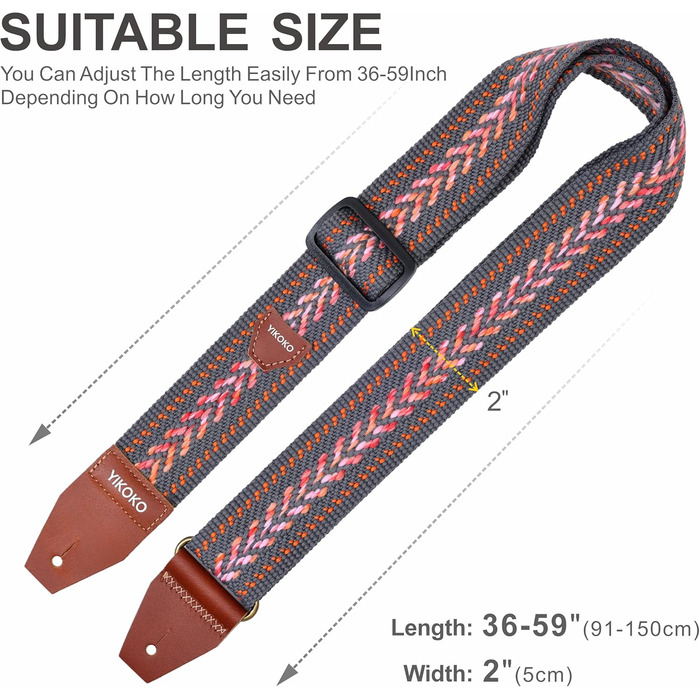 Гітарний ремінь 5,1 см з бавовни, з шкіряними кінцями для бас-, електро- та акустичних гітар (Сірий)