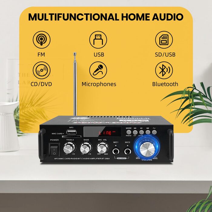 Міні підсилювач HiFi стерео 300Вт+300Вт, бездротовий аудіо підсилювач Bluetooth 5.0, MP3, SD, USB, FM, цифровий приймач для домашніх колонок